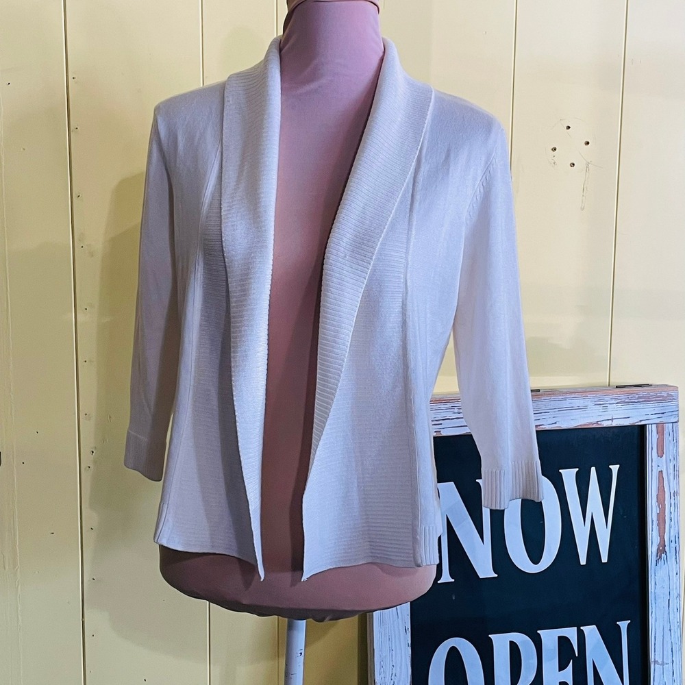 Faded Glory Cardigan Women M White Good Open Front Shawl Collar 3/4 Sleeve